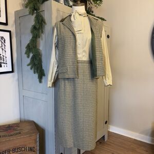 Rosecrest 3pc Skirt Blouse Vest Set Houndstooth Wool Neck Tie Women Small 40 50s